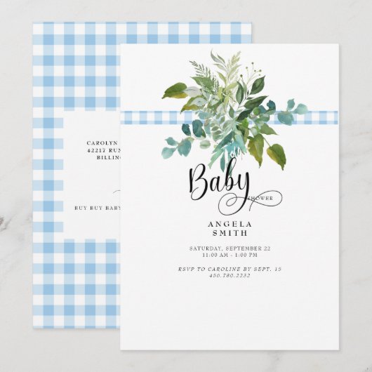 Invitation Baby shower de feuillage En vichy bleu doux Invita (Devant / Derrière)