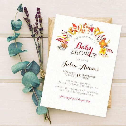 Invitation Baby shower de feuillage Fleur sauvage violet oran