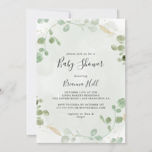 Invitation Baby shower de feuillage Gold Confetti Eucalyptus (Devant)