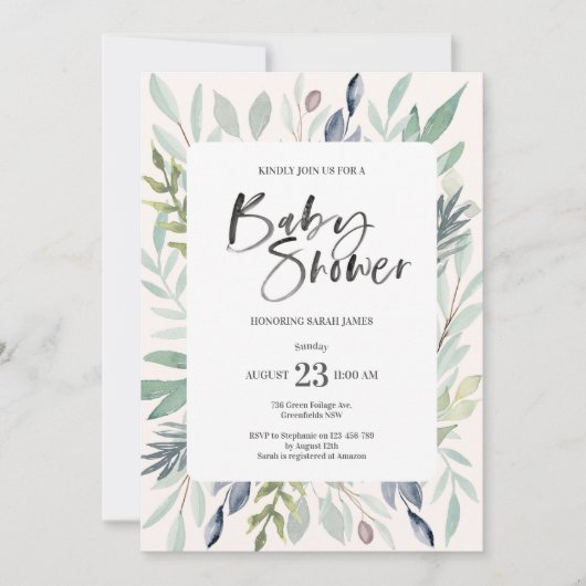 Invitation Baby shower de feuillage vert (Devant)