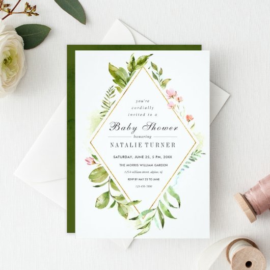 Invitation Baby shower de feuillage vert floral