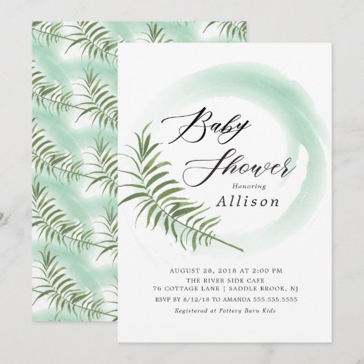 Invitation Baby shower de feuille de fern aquarell (Devant / Derrière)