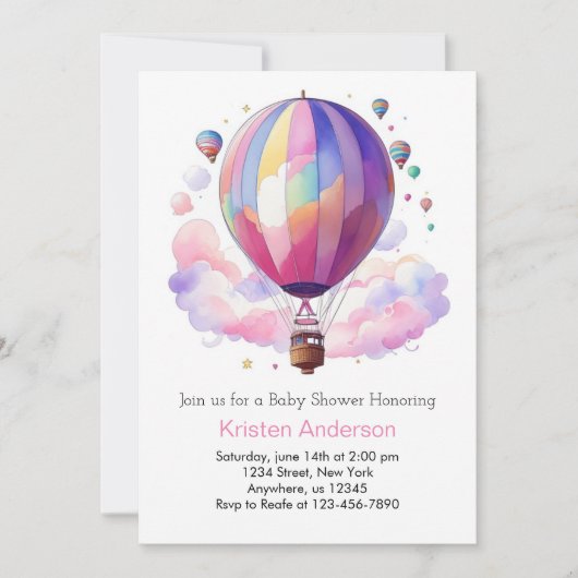 Invitation Baby shower de fille à ballon à air chaud Boho ros (Devant)