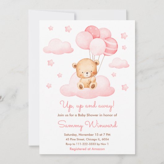 Invitation Baby shower de fille à ballons roses vers le haut (Devant)