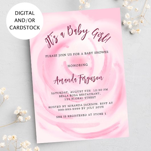 Invitation Baby shower de fille à fleurs rose doux