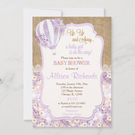 Invitation Baby shower de fille à montgolfière violet (Devant)