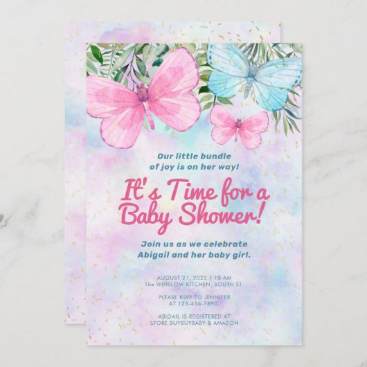 Invitation Baby shower de fille à papillon rose (Devant / Derrière)