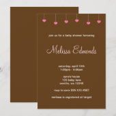 Invitation Baby shower de fille accrochant les coeurs roses (Devant / Derrière)