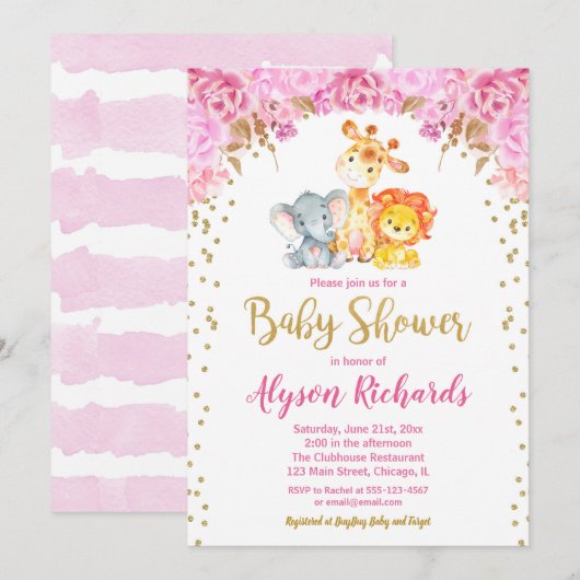 Invitation baby shower de fille adorable safari (Devant / Derrière)