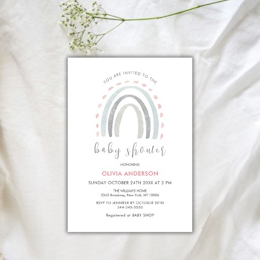 Invitation Baby shower de fille arc-en-ciel rose simple Boho