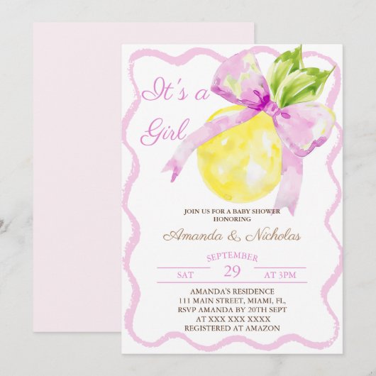 Invitation Baby shower de fille aux agrumes roses (Devant / Derrière)