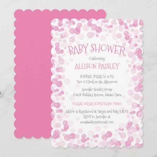 Invitation Baby shower de fille aux bulles roses (Devant / Derrière)