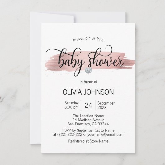 Invitation Baby shower de fille blanche rose or Rose personna (Devant)