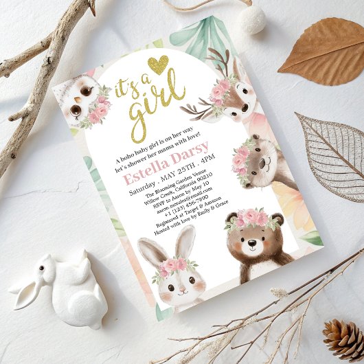 Invitation Baby shower de fille Boho Woodland avec fleurs ros