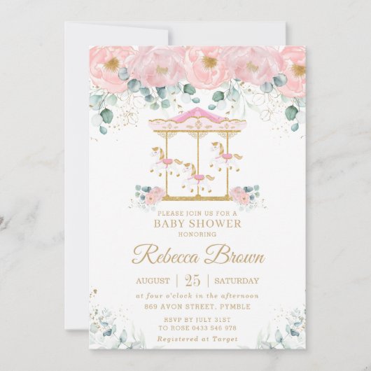Invitation Baby shower de fille carousel rose géant (Devant)