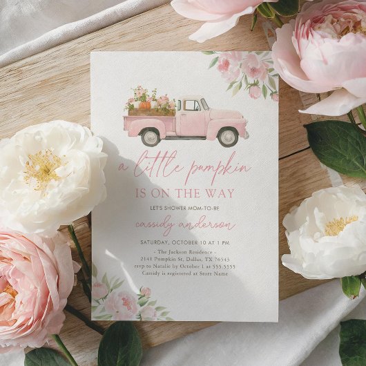 Invitation Baby shower de fille Citrouille de camion rose