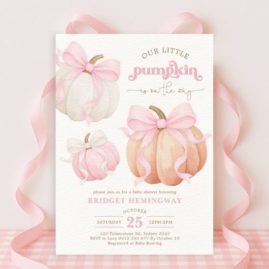 Invitation Baby shower de fille Citrouille rose Bow Pastel