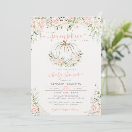 Invitation Baby shower de fille Citrouille Rose Rose Fall (Debout devant)