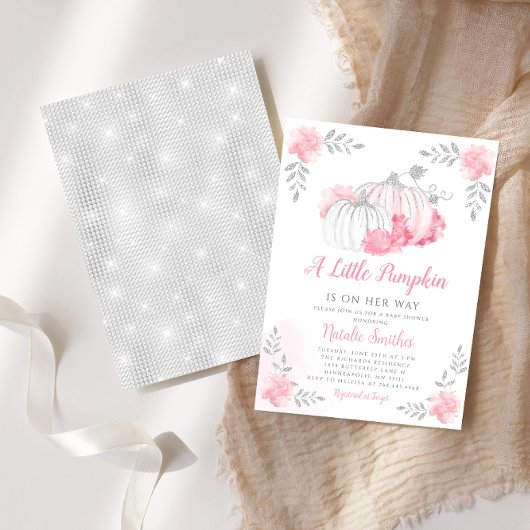 Invitation Baby shower de fille Citrouille rose rose pâle or