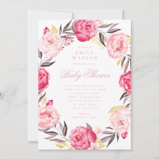 Invitation Baby shower de fille d'aquarelle rose fleurie (Devant)