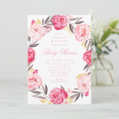 Invitation Baby shower de fille d'aquarelle rose fleurie (Debout devant)