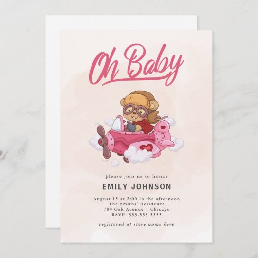 Invitation Baby shower de fille d'avion (Devant / Derrière)