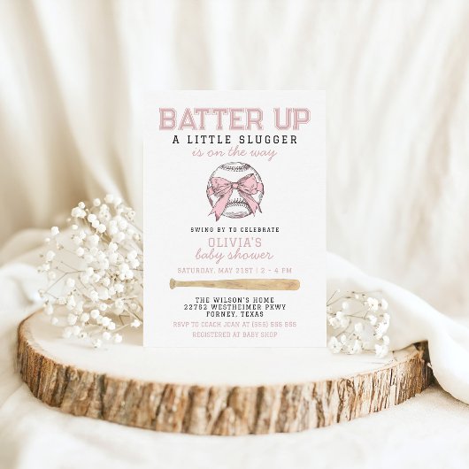 Invitation Baby shower de fille de baseball rose Batter Up