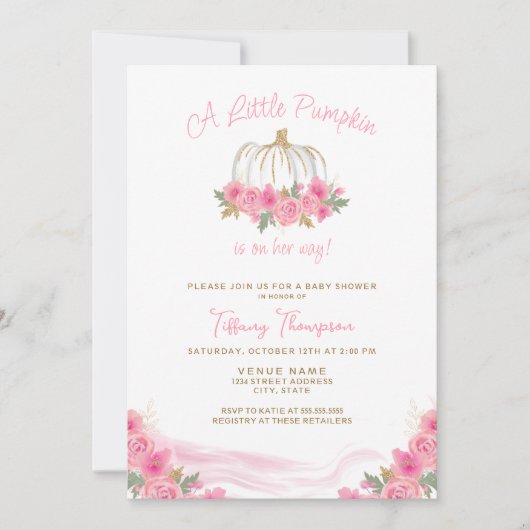 Invitation Baby shower de fille de chute rose petit Citrouill (Devant)