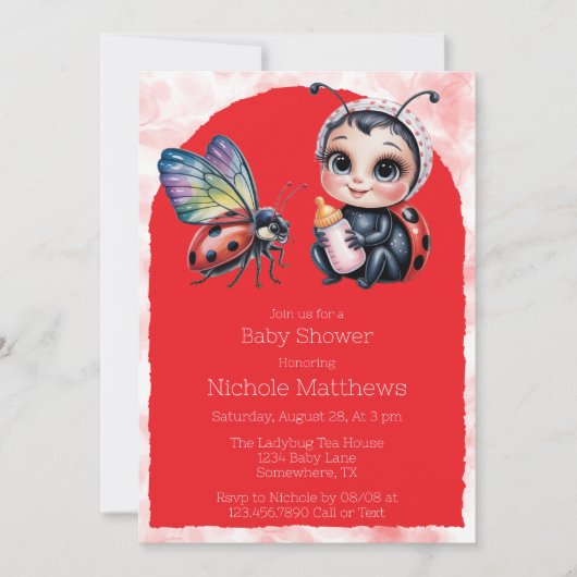 Invitation Baby shower de fille de coccinelle et papillon (Devant)