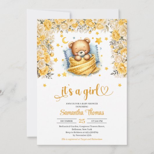 Invitation Baby shower de fille de fleurs jaunes de l'ours en (Devant)