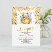 Invitation Baby shower de fille de fleurs jaunes de l'ours en (Debout devant)