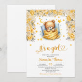 Invitation Baby shower de fille de fleurs jaunes de l'ours en (Devant / Derrière)