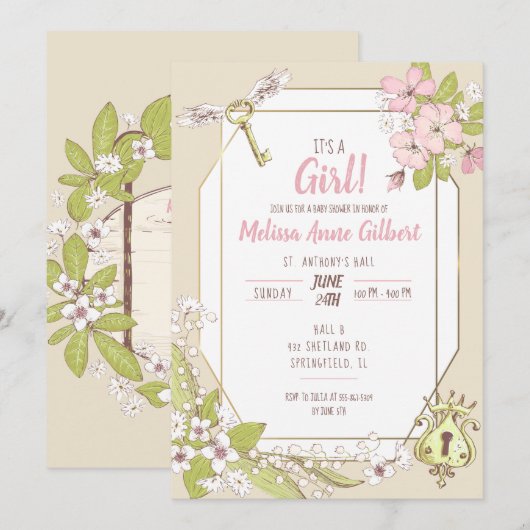 Invitation Baby shower de fille de jardin secret (Devant / Derrière)