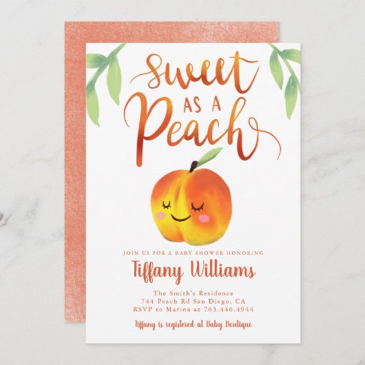 Invitation Baby shower de fille de pêche douce (Devant / Derrière)