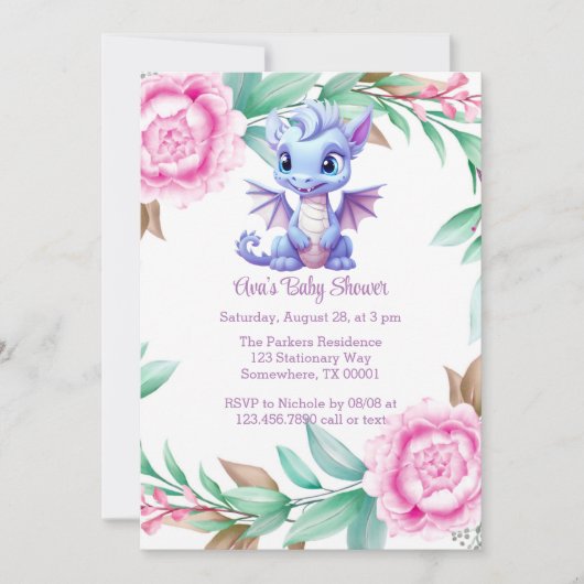 Invitation Baby shower de fille de pivoine de dragon violet e (Devant)