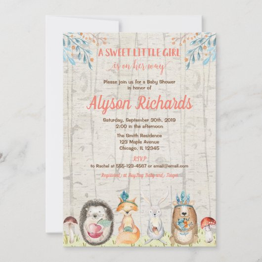 Invitation Baby shower de fille de région boisée d'amis (Devant)