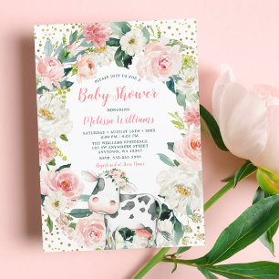 Invitation Baby shower de fille de vache Floral d'or rose
