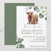 Invitation Baby shower de fille de vache Highland à fleurs ve (Devant / Derrière)