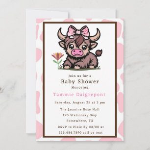 Invitation Baby shower de fille de vache rose Tan Highland