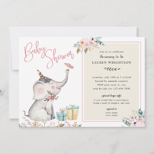 Invitation Baby shower de fille d'éléphant de Boho (Devant)
