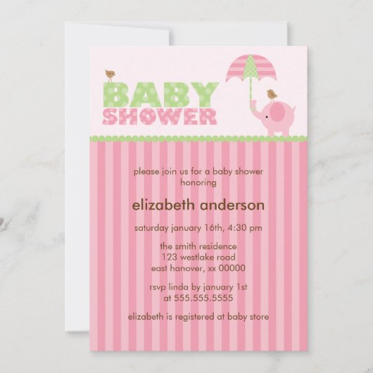 Invitation Baby shower de fille d'éléphant rose (Devant)