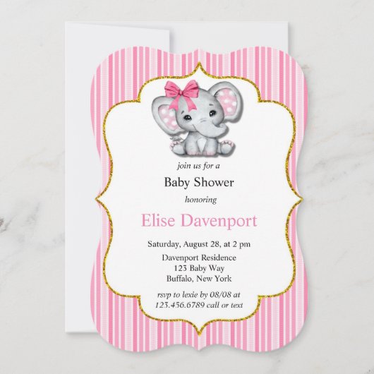 Invitation Baby shower de fille d'éléphant rose gris (Devant)