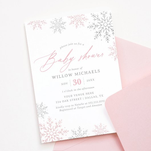 Invitation Baby shower de fille d'hiver Pink Snowflake