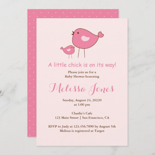 Invitation Baby shower de fille d'oiseau rose (Devant / Derrière)