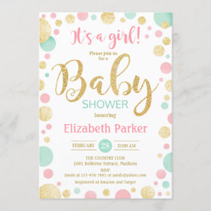 Invitation Baby shower de fille - Dots verts de menthe d'or r