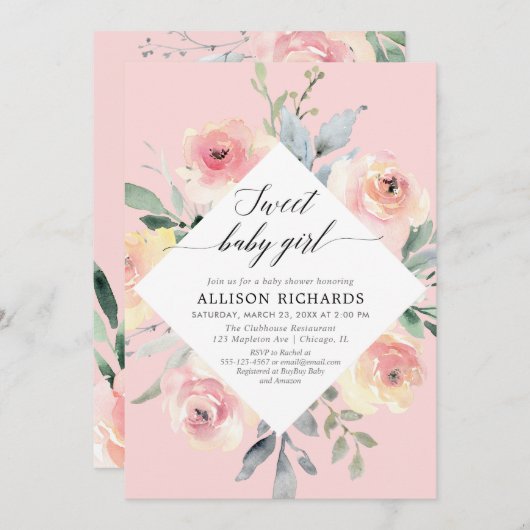 Invitation Baby shower de fille douce floral (Devant / Derrière)