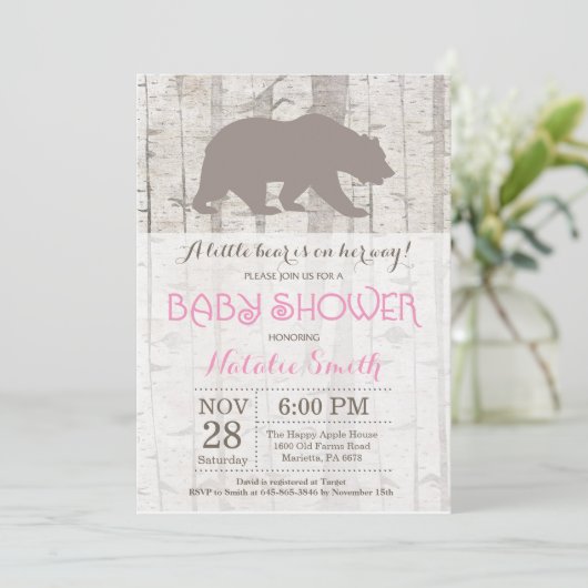 Invitation Baby shower de fille d'ours Bois rustiq (Debout devant)