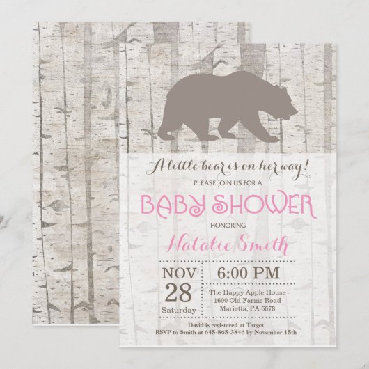 Invitation Baby shower de fille d'ours Bois rustiq (Devant / Derrière)
