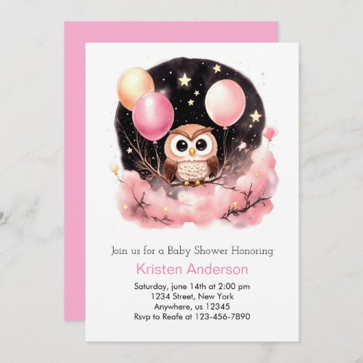 Invitation Baby shower de fille Dreamy Fleur sauvage de hibou (Devant / Derrière)