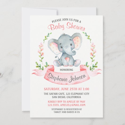 Invitation Baby shower de fille Eléphant Aquarelle (Devant)